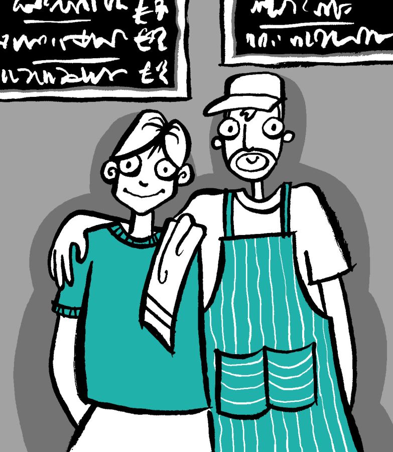 Illustration of a middle aged man with his arm over the shoulder of his son, the man has a green apron on his son has a green top on © 2026, Christine Jopling Illustrations