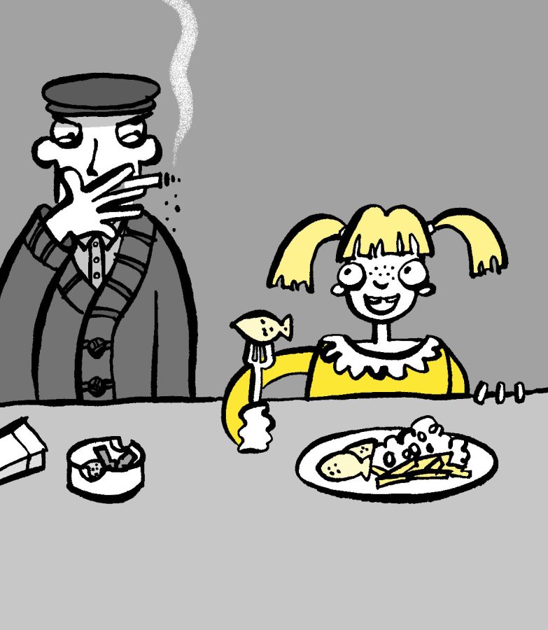 Illustration of a man looking angry smoking a cigarette while a girl in a yellow dress smile and eats food © 2026, Christine Jopling Illustrations