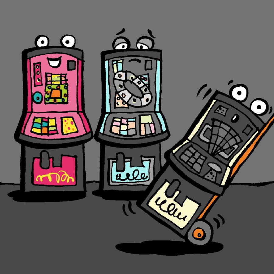 Illustration of anthropomorphic fruit machines, the one on the right is being wheeled out of the pub © 2026, Christine Jopling Illustrations