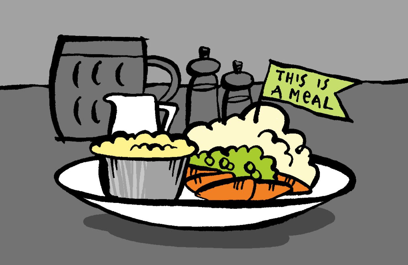 Illustration of a plat of pie, mash and veggies with the flag in it with the text: "This is a meal" © 2026, Christine Jopling Illustrations