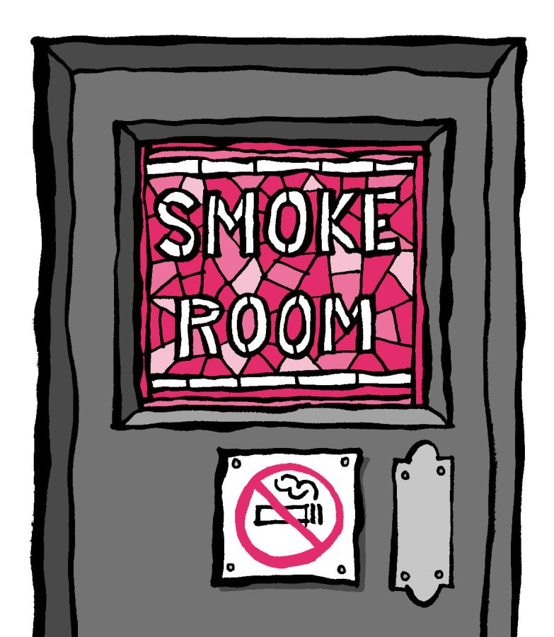 Illustration of a grey door with a pink window with the text "Smoke Room". Below the window is a no smoking sign © 2026, Christine Jopling Illustrations