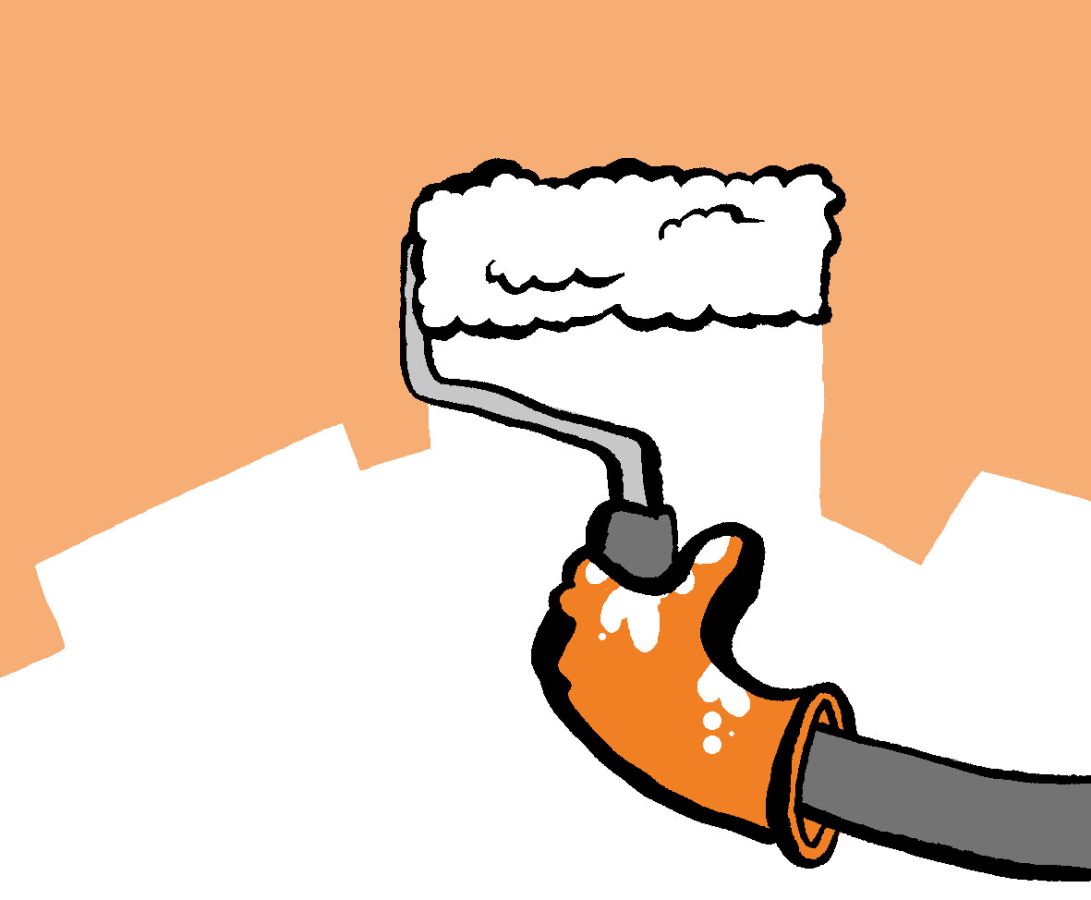 Illustration of an arm and hand using a paint roller to paint white paint over an orange wall © 2026, Christine Jopling Illustrations