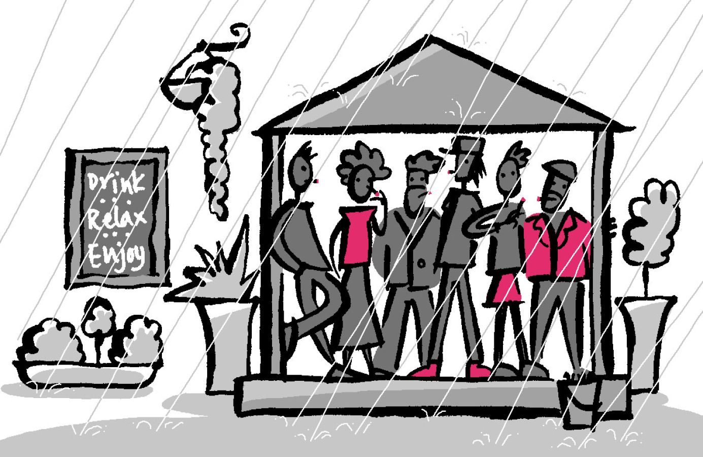 Illustration of six people hiding under shelter, while smoking, in a beer garden while it is raining © 2026, Christine Jopling Illustrations
