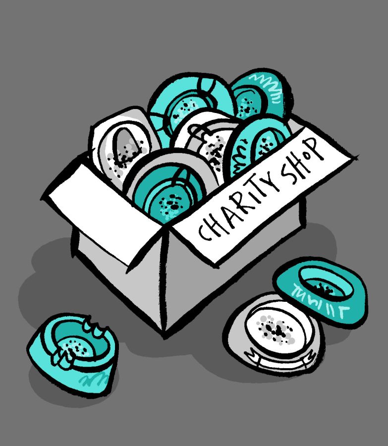Illustration of ash trays in a box that says "charity shop" © 2026, Christine Jopling Illustrations