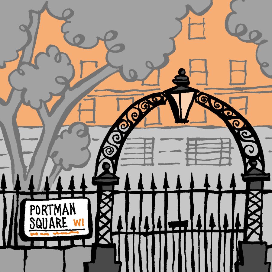 Illustration of London gates with a sign saying Portman Square W1