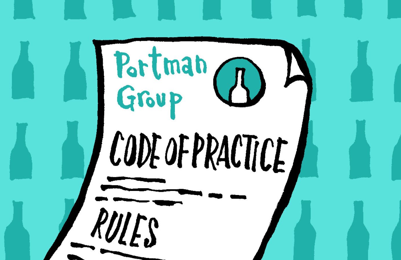 Illustration of a blue background with a sheet of paper saying 'Portman Group Code of Practice Rules'