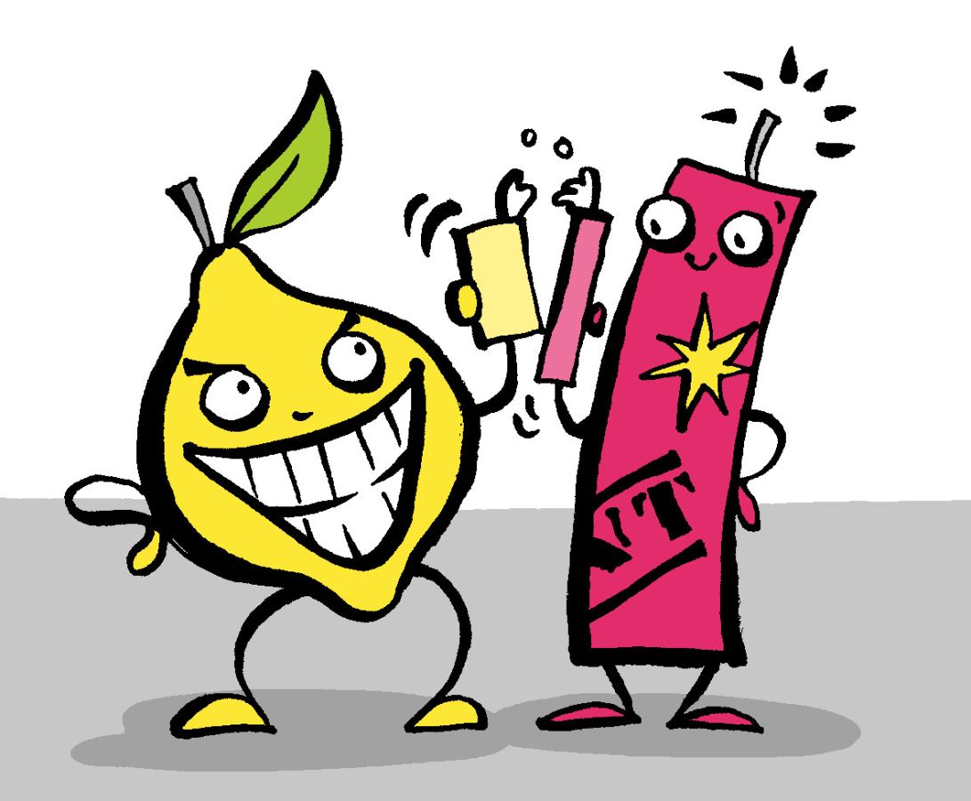 Illustration of a anthropomorphised lemon and a dynamite stick each cheersing a pint of beer