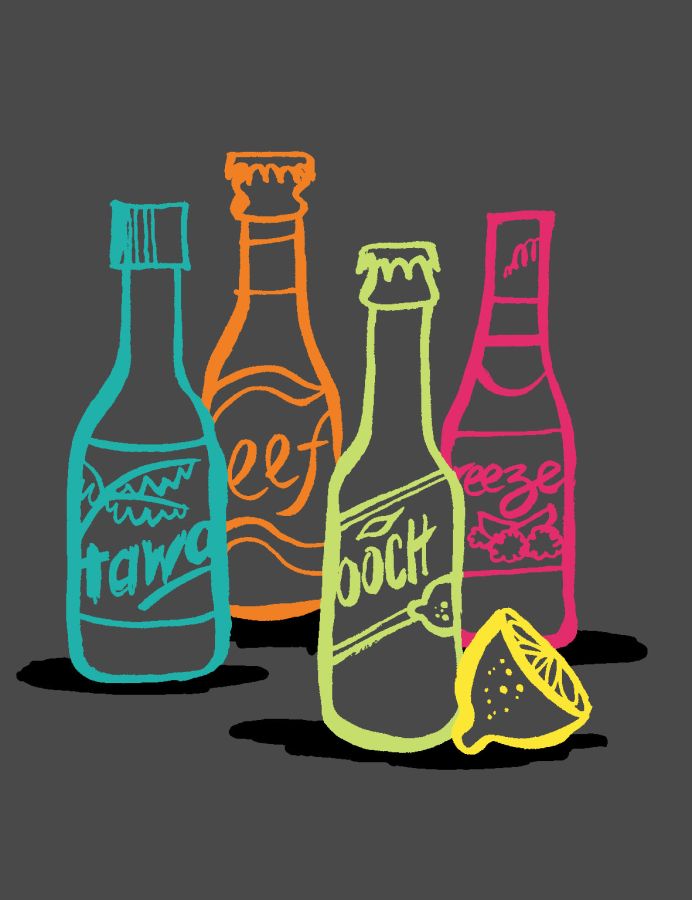 Illustration of colored outlines of beer bottles on a grey background. One is blue, one is orange, one is pink and one is green.