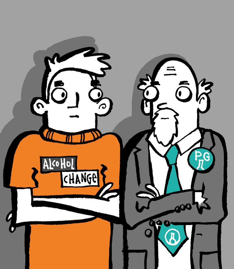 Drawing of two people. One with an orange jumper that says 'Alcohol Change' the other with a suit with a base with 'pg' on it.