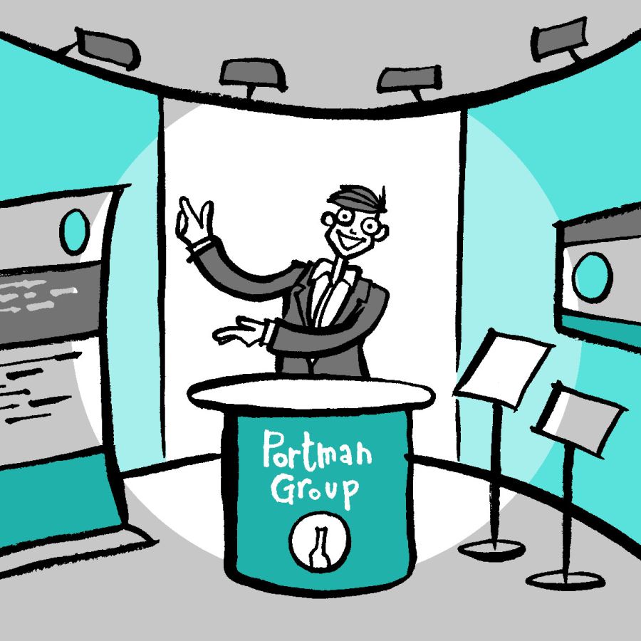 Drawing of a man at a podium with the writing 'Portman Group'. He is speaking to an unseen audience.