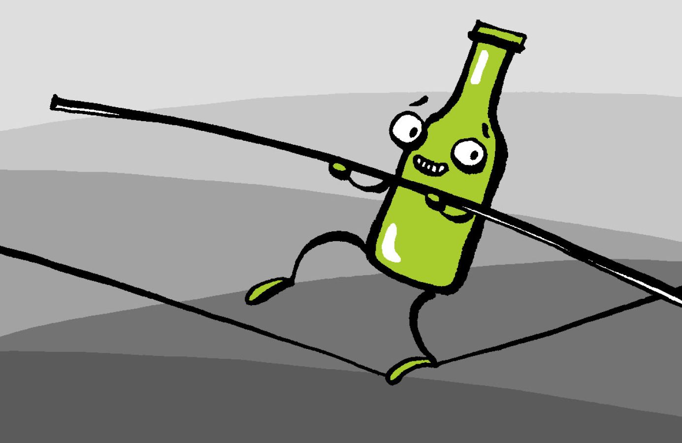 Drawing of an anthropomorphised beer bottle walking on a tightrope.