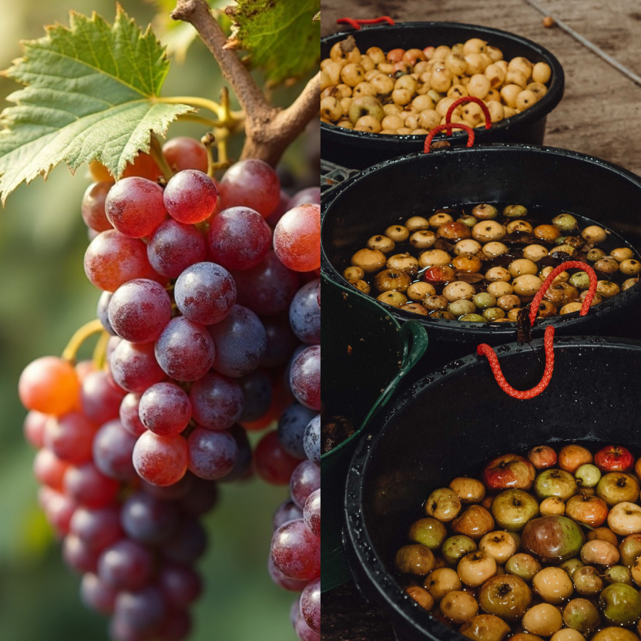 Grapes on a branch and apples in buckets of water. Right photo by masters masters.co