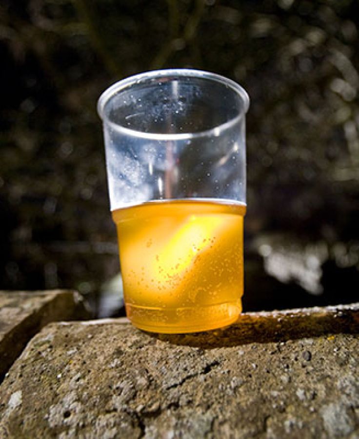 Photo of a plastic glass half filled with cider on a stone wall; ©2008, Bill Bradshaw Photography