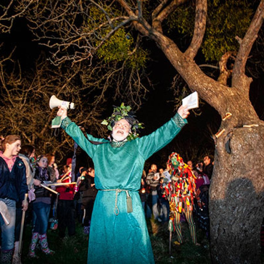 Photo of a man in a green velvet robe with a leafy crown on, next to a tree; ©2008, Bill Bradshaw Photography