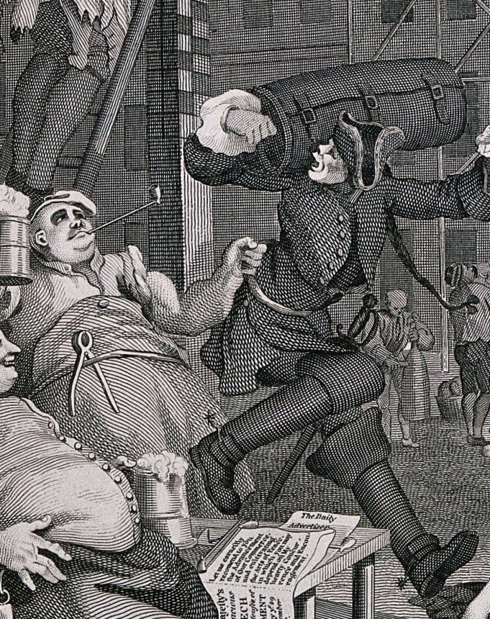 Drawing titled Beer Street. Shows malarkey in a tavern; ©1751, William Hogarth, Royal Academy of Arts, London